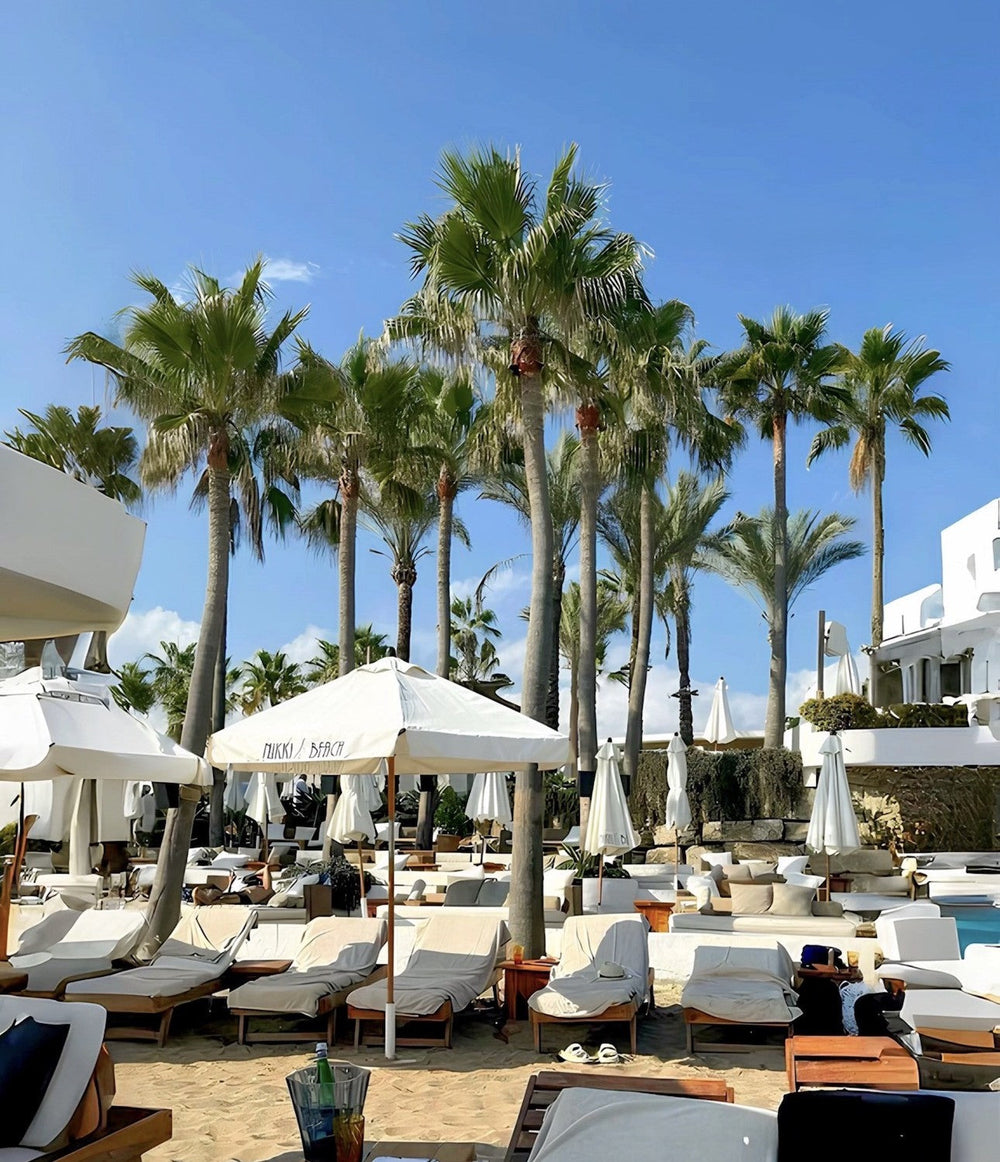 Nikki Beach Marbella: white umbrellas and loungers under palm trees