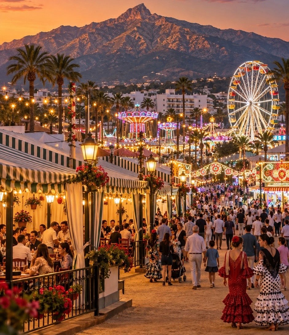 Feria de San Pedro Alcántara 2026 at sunset with fairground lights and flamenco dresses