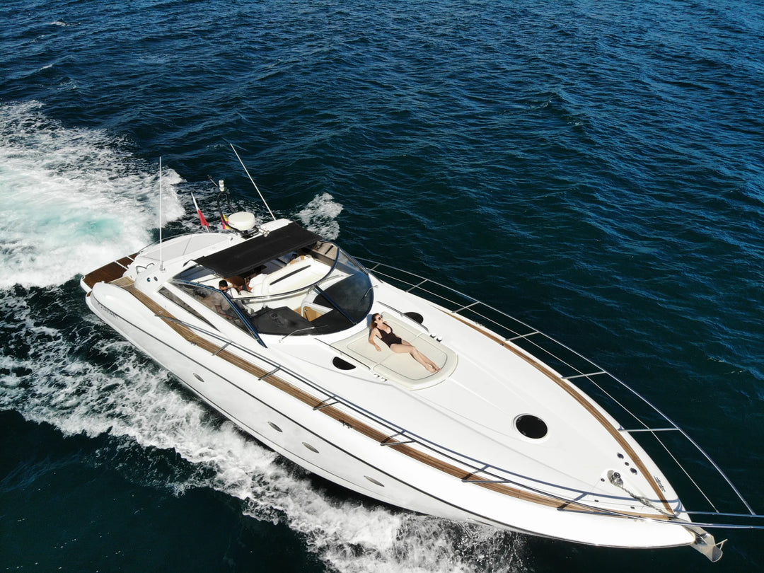 Sunseeker Predator 55 yacht at sea off Marbella, aerial view